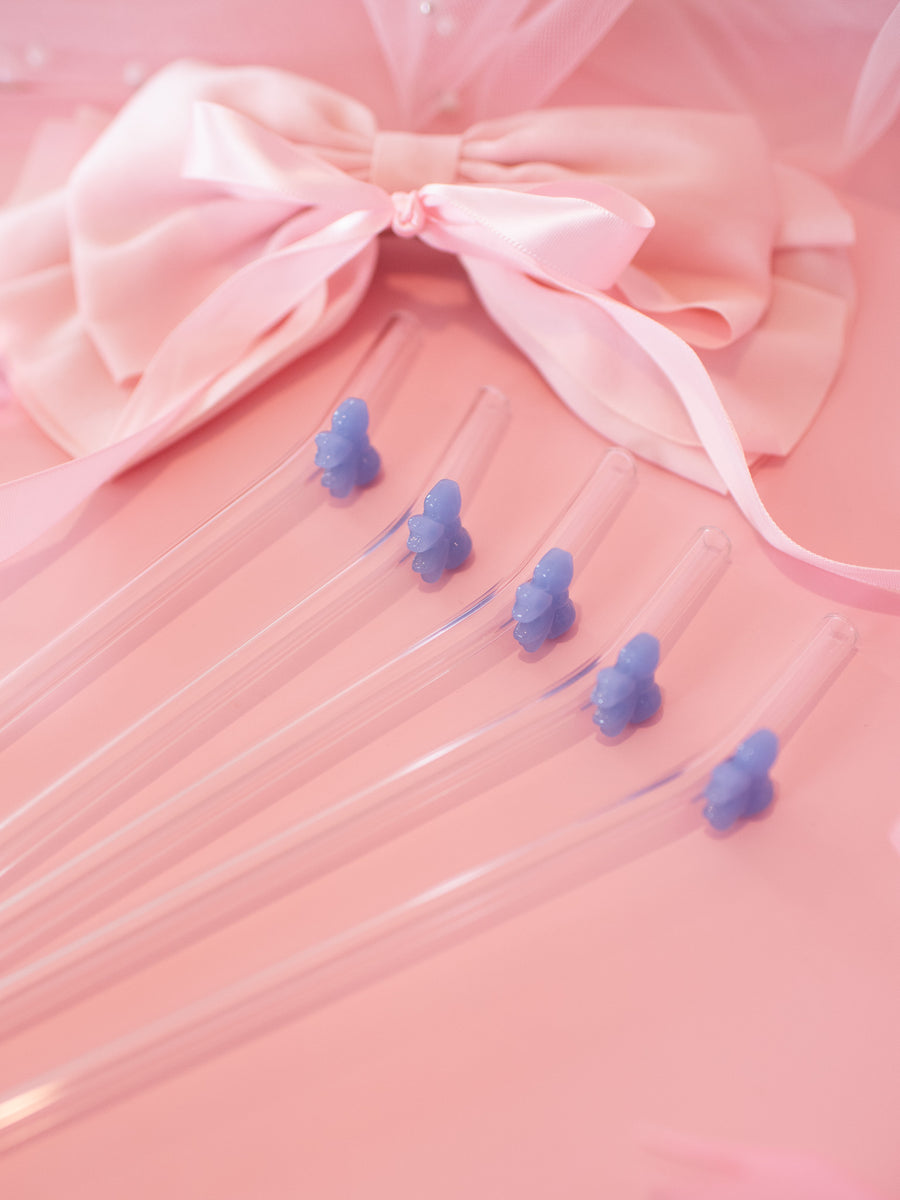 Reusable Glass Charm Straw- Blue Bow