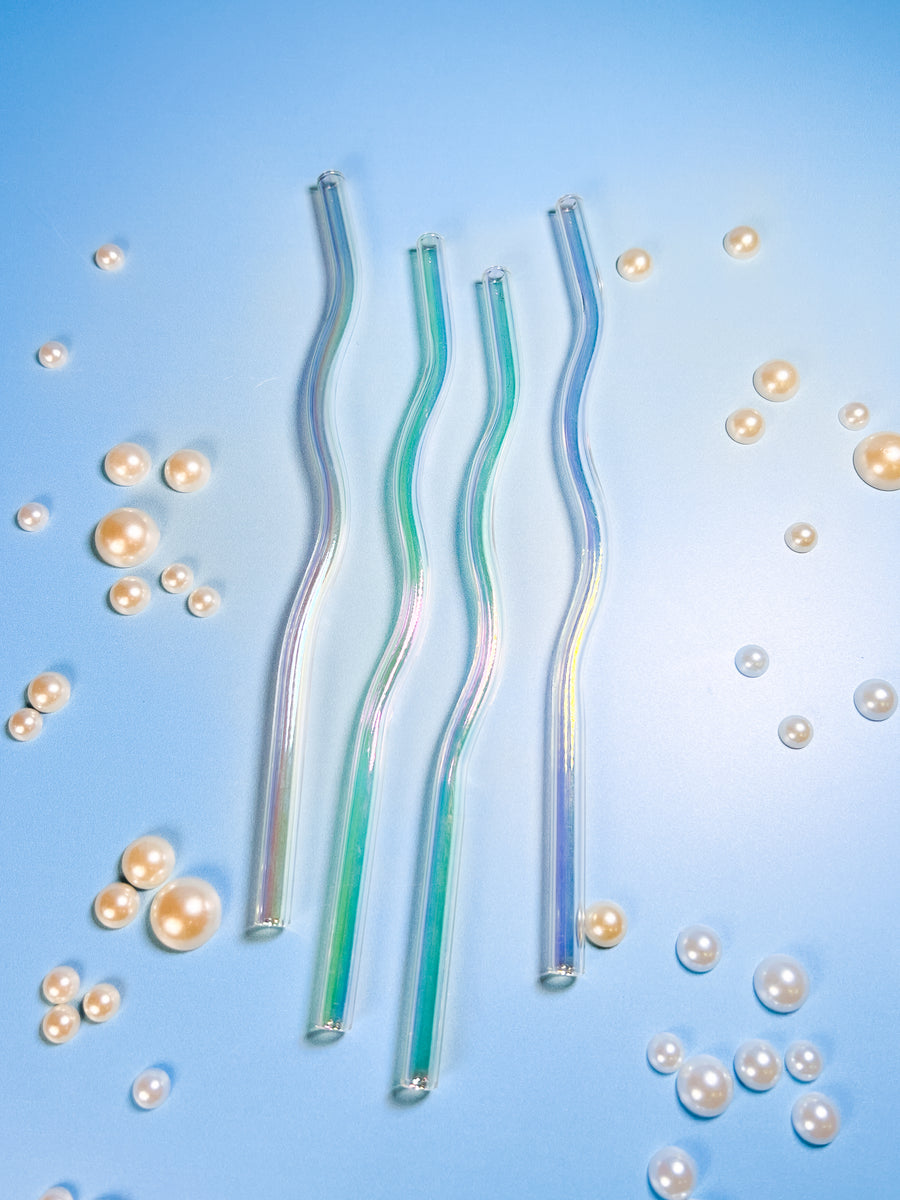 Iridescent Wavy Glass Straws - Set of 4